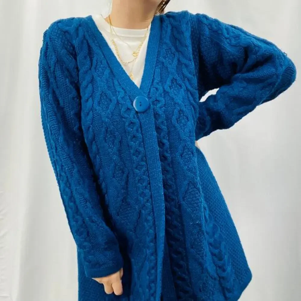 Arancrafts L blue 100% wool cable‎ knit single button long cardigan sweater